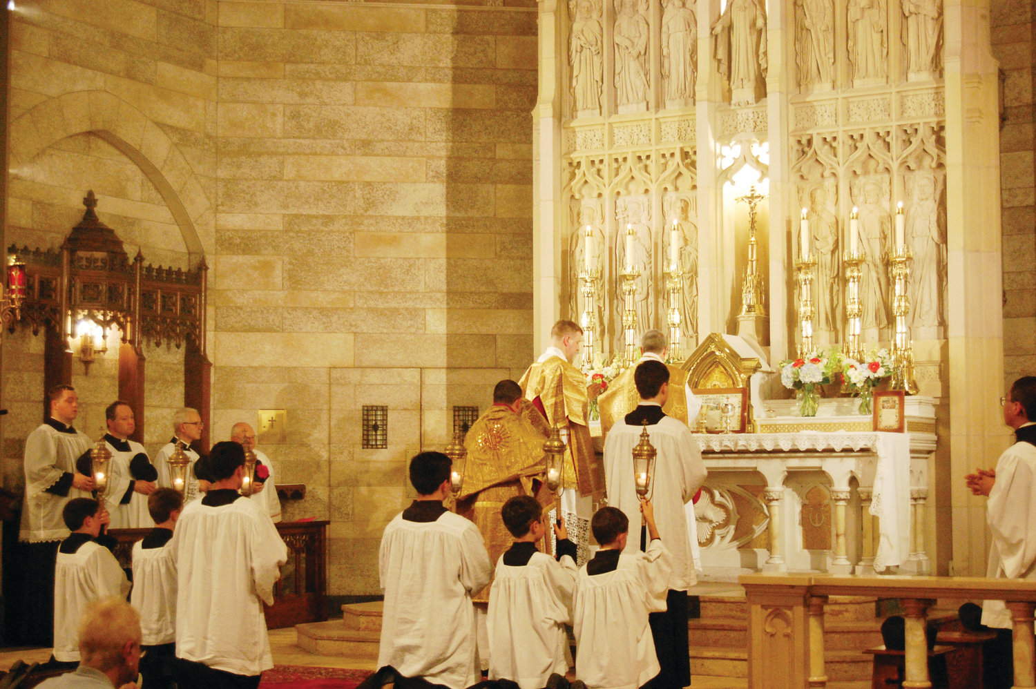 The congregation fills the beautiful Church of St. Mary’s on Broadway to recognize the 150th anniversary of the parish, as Father John Berg, FSSP, joins his brother priests in celebrating Mass on the occasion.